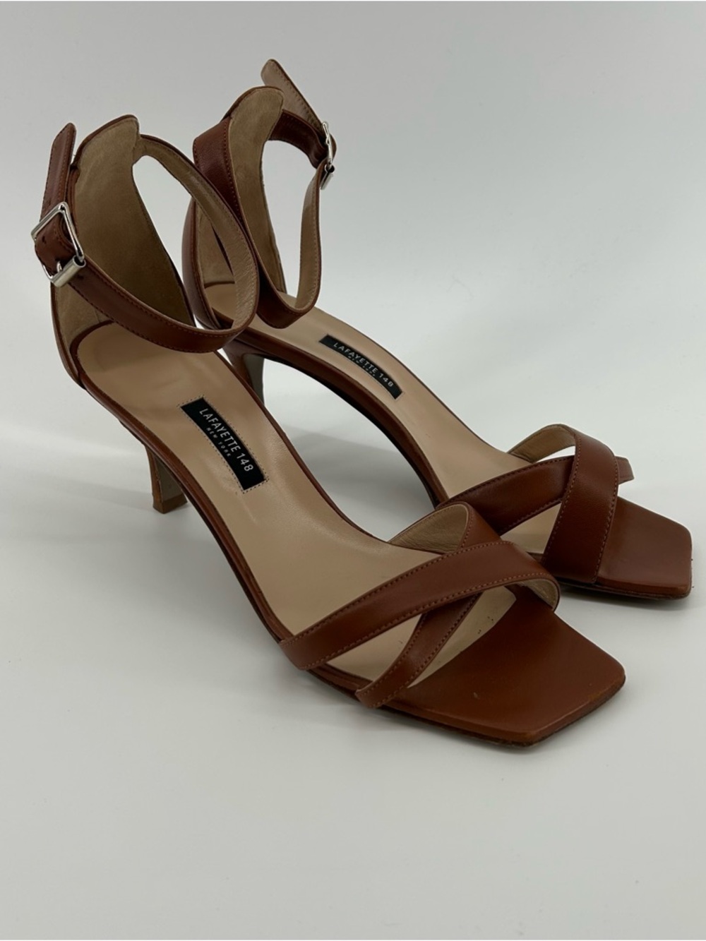 Lafayette 148 New York Cognac Brown Leather Strappy Kitten Heels "Lula"